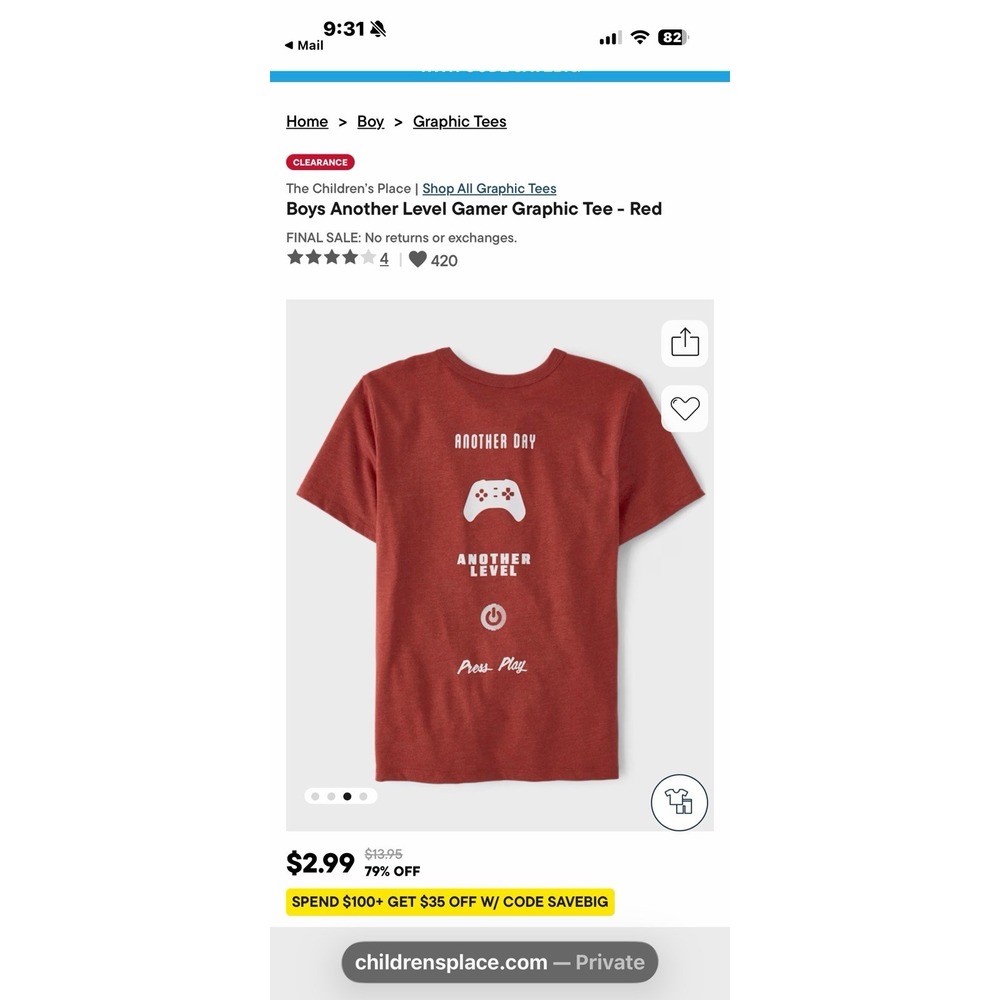 Boys Another Level Gamer Graphic Tee - Rust Color NEW Size Large (10/12)